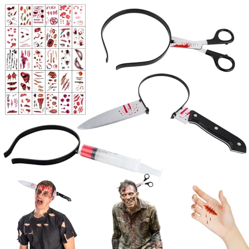 3 Stück Blutige Schere Messer im Kopf, Spritze Horror Haarreif, Halloween Messer Im Kopf, 30 Stück Halloween Tattoos, Halloween Accessoire Dekorieren, Horror Haarreif Zombie Halloween Party von KFDDRN