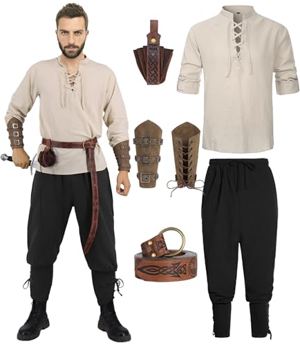 Mittelalterliches Kostüm für Herren und Erwachsene, Renaissance-Kostüm-Set, Wikinger, Piratenhemd, Knöchelhose, Ren-Fest, Halloween-Kostüme, Bogenschütze, Cosplay, Outfit mit Armschutz, Gürteltasche, von KFVZIU