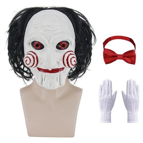 Saw Billy Kostüm Maske für Herren Erwachsene Gruselige Halloween Kostüme Horror Movie Killer Cosplay Vollkopf Latexmaske mit roter Fliege und weißen Handschuhen KF021 von KFVZIU