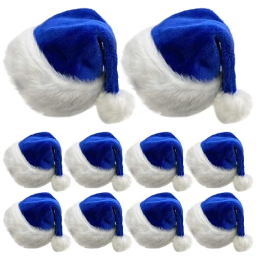 KFZR 10 Stück lange Plüsch-Weihnachtsmütze, Weihnachts-Kostüm, Pompon, Weihnachtsmannmütze für Erwachsene, 30 x 45 cm (blau) von KFZR