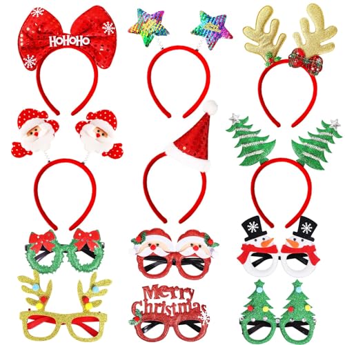 KFZR Weihnachts-Stirnbänder und Brillenrahmen-Set mit 12 niedlichen Designs, exquisites Dekorations-Zubehör für Weihnachtsfeiern, Urlaubsgeschenke und Fotoautomaten (12 Stück) von KFZR