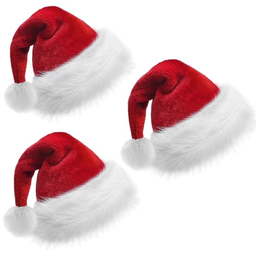 KFZR Weihnachtsmütze, Weihnachtsmütze, Weihnachtsmütze für Erwachsene, rot, Unisex, doppelte Dicke, Samt, warm, Komfort, Neujahr, festliche Party (3 Stück) von KFZR