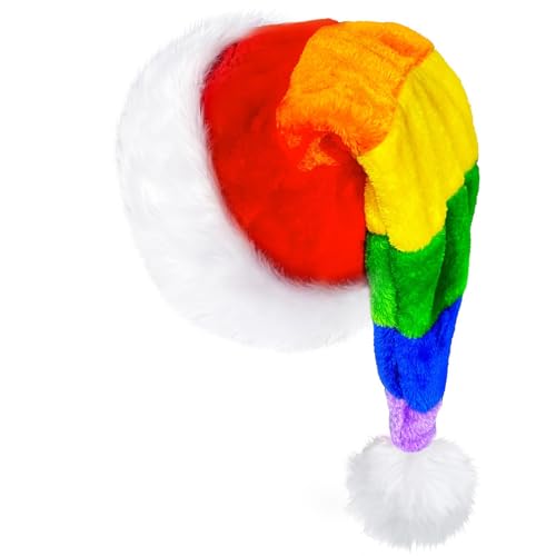 KFZR Weihnachtsmütze für Erwachsene, Weihnachtsmütze, Weihnachtsmütze, Plüsch, Weihnachtsmannmütze, Weihnachtsfeierzubehör (Regenbogen) von KFZR