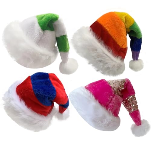 KFZR Weihnachtsmütze für Erwachsene mit flauschigem Pompon, Weihnachtsparty-Hut für Neujahr, Weihnachten, Festival, 31 x 47 cm (gestreift, 4 Stück) von KFZR