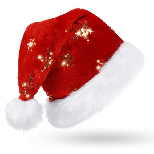 KFZR Weihnachtsmütze mit Pailletten, Weihnachtsmütze für Erwachsene, Weihnachtsfeier, Heimdekoration, 32 x 48 cm, Rot und Schneeflocken von KFZR