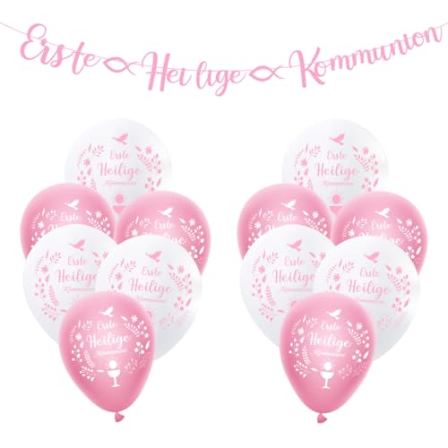 KGDUYC 12 Pcs Luftballons Kommunion - Erste Heilige Kommunion Girlande Rosa Deko Banner Papier mit Erstkommunion Hängende Dekoration für Kommunion Sakrament Jungen Mädchen (12 Zoll) von KGDUYC