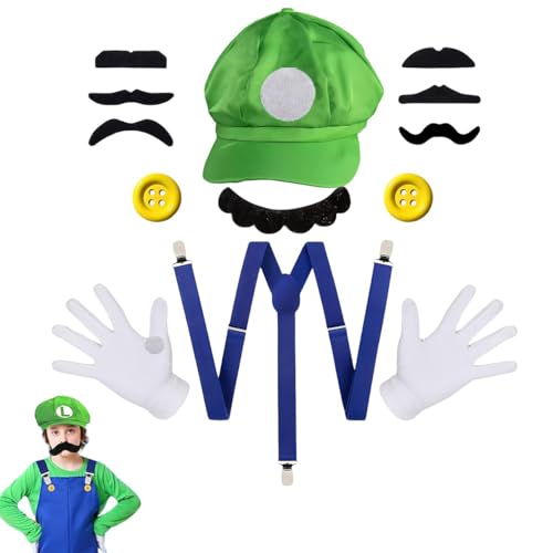 KHDULQ Mario Kostüm Accessories,Luigi Kostüm Kinder Erwachsene,Karneval Mottoparty Cosplay mit Rot Hut Kappen Schnurrbärte Handschuhe Bart Gelbe Knöpfe,Faschingkostüme,für Kinder Damen Herren von KHDULQ