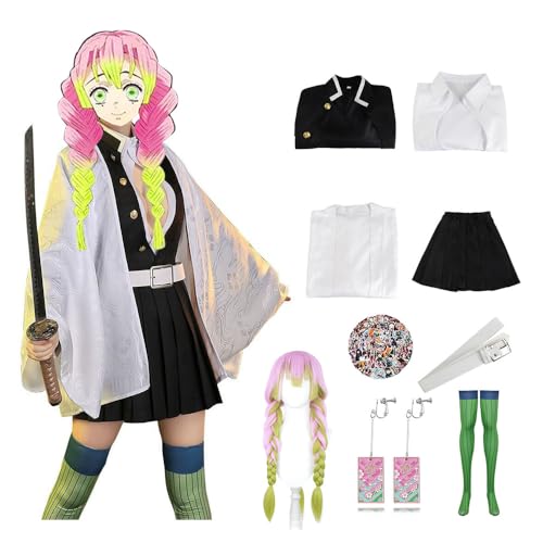 Anime Dämon Kanroji Mitsuri Cosplay Kostüm Kimetsu Kimono Set Erwachsene Kinder Halloween Karneval Party, L von KHHK