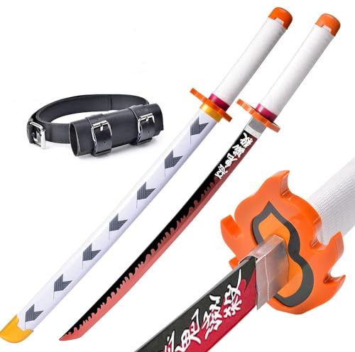 Demon Tanjiro Samurai Schwert,29 Zoll Anime Ninja Katana Cosplay Holzschwert,Für Slayer Lovers Halloween Weihnachten Geburtstag Dekorative Requisiten (Rengoku Kyoujurou) von KHHK