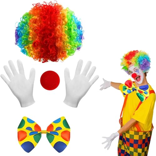 KHIRY Clown Perücke und Nase für Erwachsene Halloween Party Das ultimative Clown-Kostüm-Zubehör-Set – Clown-Lockenperücke + Clown-Nase + Bunte Fliege + Handschuhe – perfekt für Faschings von KHIRY