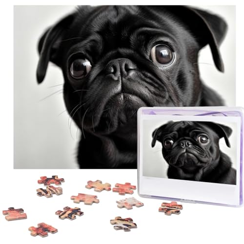Niedliche schwarze Mops-Hunde-Puzzle, 500 Teile, personalisierbar, Foto-Puzzle für Familie, Bilderpuzzle für Erwachsene, Hochzeit, Geburtstag (51,8 x 38,1 cm) von KHiry