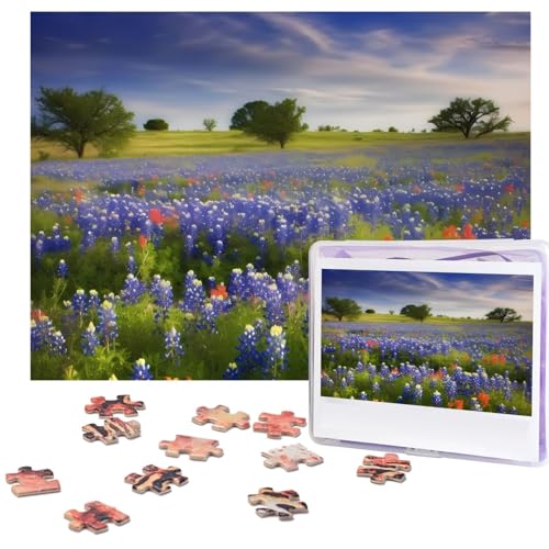 Texas Bluebonnets Landschafts-Puzzle, 500 Teile, personalisiertes Puzzle, Foto-Puzzle für Familie, Bilderpuzzle für Erwachsene, Hochzeit, Geburtstag (51,8 x 38,1 cm) von KHiry