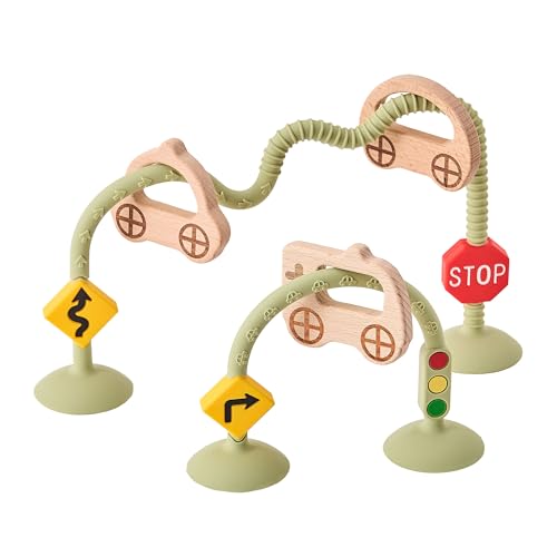 KIAANS Saugnapf Spielzeug Silikon Hochstuhl Spielzeug mit Holzring Montessori Sortierspielzeug Motorikspielzeug (Olive) von KIAANS