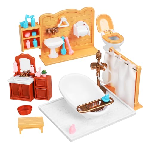 KICHOUSE Puppenhausmöbel Puppenhauseinrichtung Mini Badezimmer Öbel Set Für Puppenhaus Badezimmer Zubehör Für Puppenstuben Mit Dusche Und Badewanne Puppenhaus Öbelzubehör Für Kreative Spielwelten von KICHOUSE