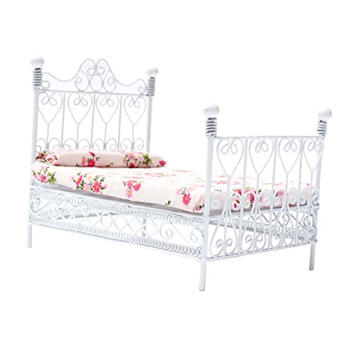 KICHOUSE 12 Doppelbett Aus Metall Mit Blumenmatratze Miniaturmöbel Für Puppenhaus Schlafzimmeraccessoire Weiß Ideal Für Kreative Spielwelten Und Miniaturszenarien von KICHOUSE