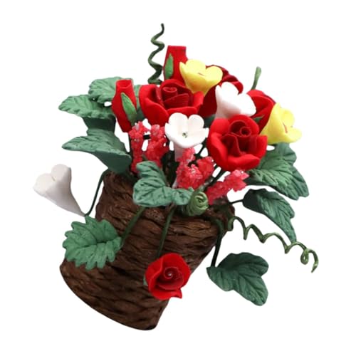 KICHOUSE 1Stk Puppenhaus Rote Rose Weihnachts präsente Zubehör Miniatur-Blumenkorb-Ornament Zimmerpflanzen künstliche Pflanzen rote Rosendekor Mikrolandschaft Haushalt von KICHOUSE