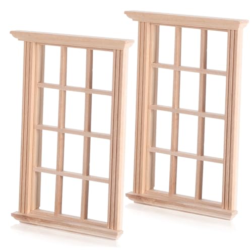 KICHOUSE 2 STK Puppenhaus Vorhänge für Puppenhäuser Hausfenster kleine Fensterrahmen aus Holz Mini-Möbeltür Mini-Fenstermodell Möbelzubehör Spielspielzeug vorgeben Birke Beige von KICHOUSE