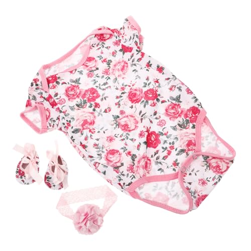 KICHOUSE Neugeborener Baby-Strampler, 3-teilig, Rosenmuster-Bodysuits Mit Blumen-Stirnband Und Schuhen, Kurzärmelige Baumwolle, Einteiliger Overall, Outfits, Kleidung Für Wiedergeborene von KICHOUSE