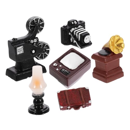 KICHOUSE Puppenhausbedarf Retro Möbelmodelle Simuliertes Hausdekoration Kerosinlampe Fernseher Phonograph Grammophon Deko Schallplatte Simulierte Schmuck Elektrogeräteset Miniatur Tv Modell von KICHOUSE