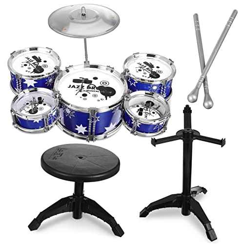 KICHOUSE Schlagzeug Set Mit Hocker Jazz Drum Kit Spielset Für Kleinkinder Pädagogisches Musikinstrument Und Geschenkidee Für Jungen Und ädchen von KICHOUSE