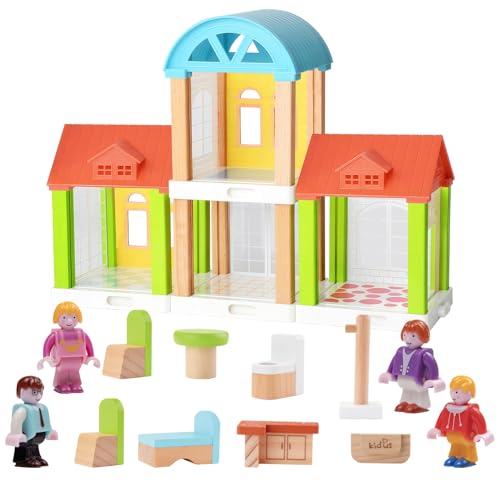 KIDBEST Kleines Holzpuppenhaus-Set, Familienpuppenhaus für Kleinkinder mit 4 Puppen, Puppenhauszubehör, Möbel, Spielzeughaus, Geschenke für Kinder im Alter von 3 4 5 6 7 8 Jahren von KIDBEST