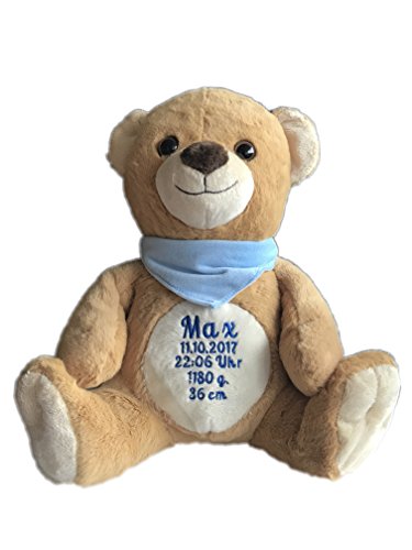 KIDDI-MEDIA Stofftier Plüsch Teddy mit Name & Geburtsdatum Bestickt (Halstuch: Hellblau (Junge)) von KIDDI-MEDIA