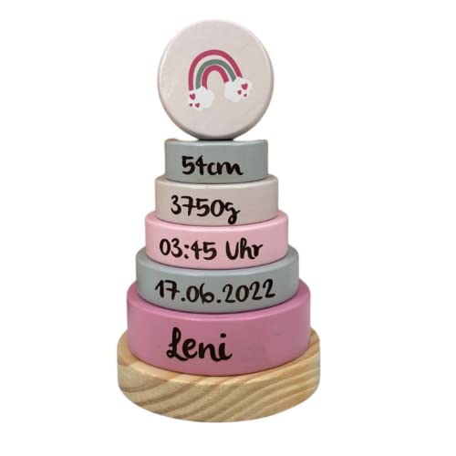 KIDSLINO Geburtsgeschenk Stapelturm Regenbogen rosa I Geschenk zur Geburt I Graviert I Stapelturm mit Namen & Geburtsdaten I Personalisierte Babygeschenke von KIDSLINO