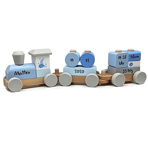 KIDSLINO Personalisierte Eisenbahn in blau I Geschenk zur Geburt für Jungen I bedruckt I Holzzug mit Namen & Geburtsdaten I Personalisierbare Baby Geschenke von KIDSLINO