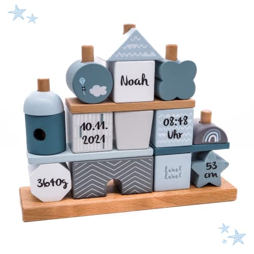 KIDSLINO Steckspiel Haus blau I Personalisierbares Geschenk zur Geburt Jungen I Handmade Holzspielzeug I Personalisierte Geschenke Baby I Label-Label I Stapelturm mit Name & Geburtsdaten von KIDSLINO