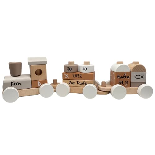 KIDSLINO Tauf Eisenbahn I personalisiert Zug Nougat I Holz Eisenbahnen I Geschenk zur Taufe Taufgeschenk I Holzzug Baby I Taufgeschenk Mädchen und Jungen personalisiert I Maße: 41 x 5 x 11 cm von KIDSLINO