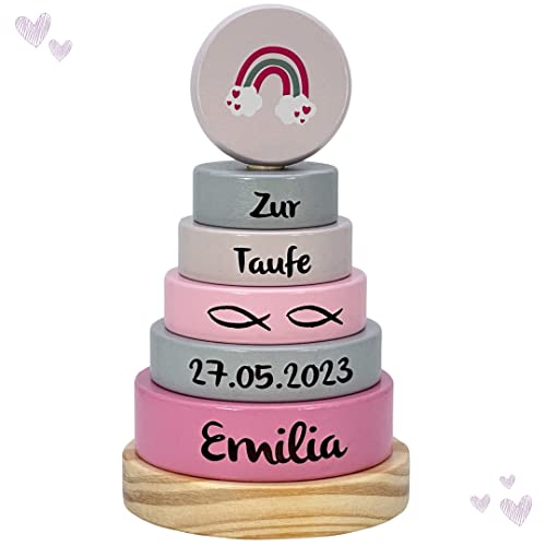 Kidslino Taufgeschenke Stapelturm Regenbogen rosa I Geschenk zur Taufe I Graviert I Stapelturm mit Namen & Taufdaten I Personalisierte Geschenke Baby von Kidslino