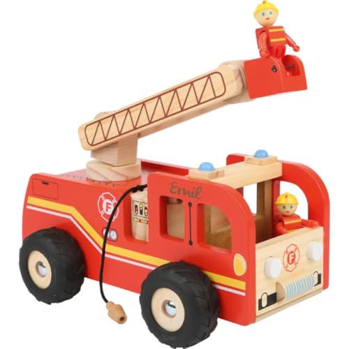 KIDSLINO small Foot Feuerwehrauto Leiterwagen aus Holz, Personalisiert mit Namen, Drehleiter und 2 Feuerwehrmann Figuren, ab 3 Jahren, Feuerwehrfahrzeug rot mit Gummirädern, 8509 von KIDSLINO