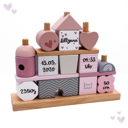 KIDSLINO Steckspiel Haus rosa Personalisierbares Geschenk zur Geburt Mädchen Handmade Holzspielzeug Personalisierte Baby Label Stapelturm mit Name & Geburtsdaten von KIDSLINO