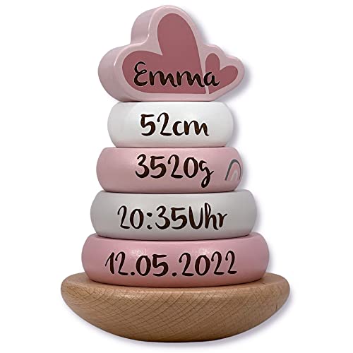 KIDSLINO Label Stapelturm rosa - personalisierbar I Geschenk zur Geburt & Taufe I Handmade Holzspielzeug I Personalisierte I Stapelspiel mit Name & Geburtsdaten von KIDSLINO