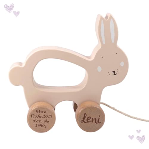 KIDSLINO Nachziehtier aus Holz Mrs. Hase I personalisiertes Kinderspielzeug I Geschenk 1. Geburtstag von KIDSLINO