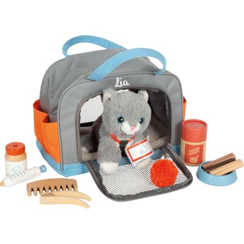 Small Foot Katze mit Tasche und Pflege, Personalisiert mit Namen, 15-teiliges Haustier-Spielzeug für Kinder ab 2 Jahren, Rollenspiel Set für Tierpflege, 12601 von KIDSLINO