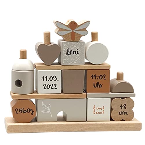 Steckspiel Haus Nougat I Personalisierbares Geschenk zur Geburt Mädchen I Handmade Holzspielzeug I Personalisierte Geschenke Baby I Label-Label I Stapelturm mit Name & Geburtsdaten von KIDSLINO