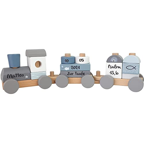 Tauf Eisenbahn I personalisiert Zug blau I Holz Eisenbahnen I Geschenk zur Taufe Taufgeschenk I Holzzug Baby I Taufgeschenk Jungen personalisiert I Maße: 41 x 5 x 11 cm von KIDSLINO