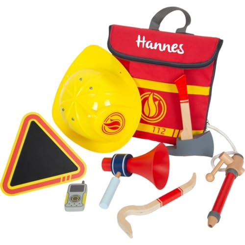 small Foot Feuerwehrrucksack mit coolem Zubehör, Personalisiert mit Namen, Feuerwehr-Spielzeug aus Holz fürs Rollenspiel, für Kinder ab 3 Jahren, Junge, 12361 von KIDSLINO