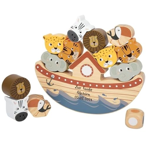 small Foot Taufgeschenk Balancierspiel Arche personalisiert Safari Motorikspiel für Kinder, aus Holz, ab 3 Jahren, Geschenk zur Taufe, 12229 von KIDSLINO