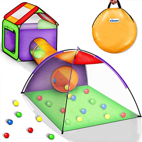 KIDUKU Kinderspielzelt Bällebad Pop Up Spielzelt Iglu Spielhaus + Krabbeltunnel + 200 Bälle + Tasche, für drinnen und draußen von KIDUKU