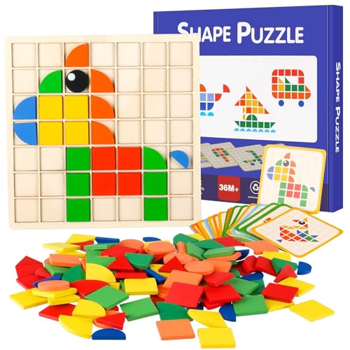 120pcs Kreative Mosaik-Puzzle, Montessori Spielzeug ab 3 4 5 6 Jahre, Hölzerne Muster Blöcke Set, Tangram Kinder, Montessori Puzzle, Geometrische Formen Holzpuzzles, Lernspielzeug Geschenk für Kinder von KIKVTER