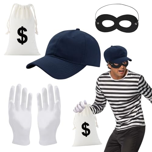 4 Stück Dieb Kostüm Set, Räuber Kostüm Set, Bankräuber Kostüm, Einbrecher Kostüm, Dieb Mask, Handschuhe, Geldsack, Hut,Panzerknacker Kostüm Accessoire,Bankräuber Cosplay Piraten Dieb Einbrecher Party von KIKVTER