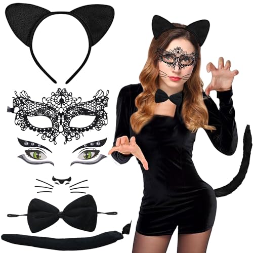 5 Stück Katzenkostüm Damen,Katzenohren Haarreif,Katzenkostüm,Kostüm Katze Damen,Katze Kostüm Damen mit Katzenschwanz,Spitzenbesetzte Augenmaske und Aufkleber für Halloween,Karneval,Kostümfest,Cosplay von KIKVTER