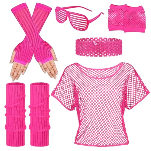 80er 90er Jahre Outfit Damen Set, 80er Jahre Accessoires mit Netzshirt, Neon Beinwärmer, Netzhandschuhe, Fingerlose Netzhandschuhe, Stirnband und Neon Brille, 80er kostüm damen für Party Karneval von KIKVTER