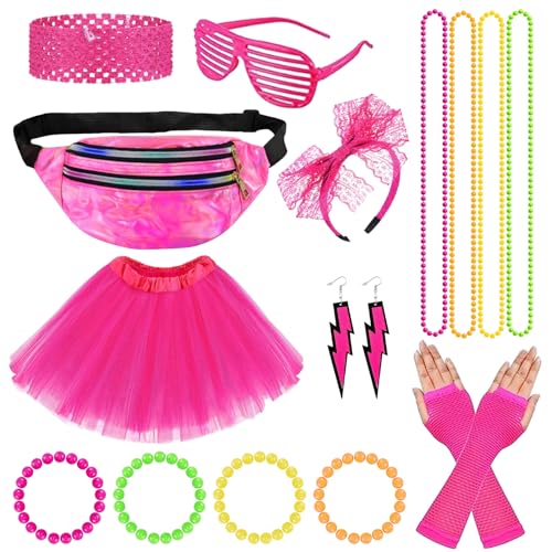 80er Jahre Outfit Damen, 90er Jahre Outfit Damen, 80er Jahre Accessoires mit Tutu, Neon Halskette Armband, Spitzenstirnband, Haarband, Ohrring, Brille und Netzhandschuhe für Party Fasching Karneval von KIKVTER