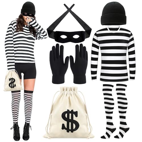 Bankräuber Kostüm Damen, Räuber Kostüm Erwachsene Damen, Dieb Kostüm, Panzerknacker Kostüm, Bankräuber Kostüm mit Hut Hemd Maske Handschuhe Socken Tasche für Halloween Dress Up Cosplay Thema Party von KIKVTER