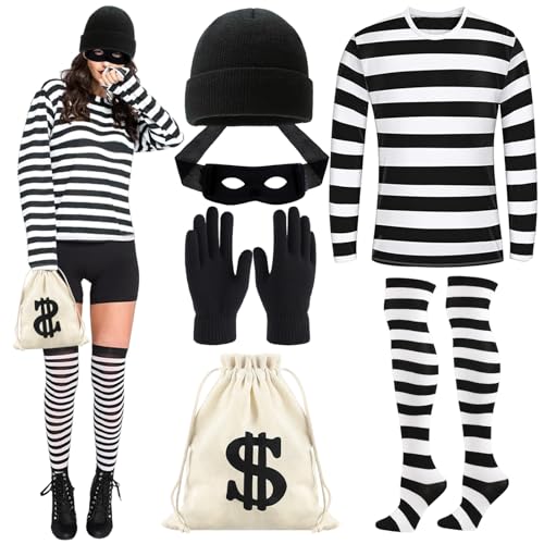 Bankräuber Kostüm Damen, Räuber Kostüm Erwachsene Damen, Dieb Kostüm, Panzerknacker Kostüm, Bankräuber Kostüm mit Hut Hemd Maske Handschuhe Socken Tasche für Halloween Dress Up Cosplay Thema Party von KIKVTER