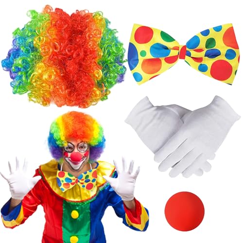 Clown Kostüm Accessoire, 4 Stück Clown Kostüm, Clown Kostüm Kinder, Clown Kostümzubehör, Clown Lockenperücke, Clownsnase, Bunte Krawatte, Handschuhe, Fasching Karneval Kostüme für Kinder Damen Herren von KIKVTER