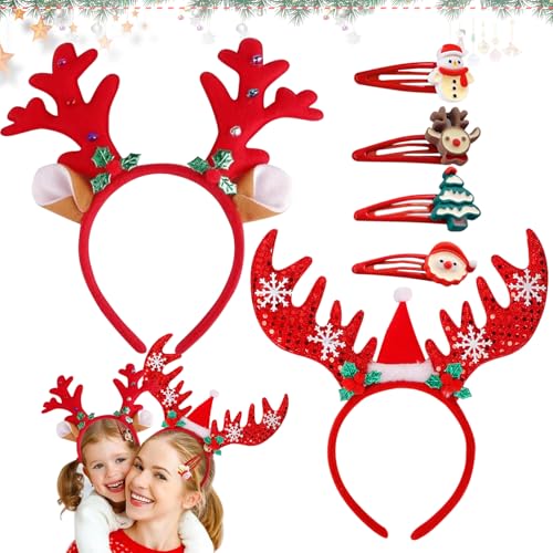 Haarreif Weihnachten, 2 Stück Glitzer Weihnachts Stirnbander, Rentier Geweih Kopfschmuck Haarband, Weihnachts Kopfschmuck, Weihnachtshaarreifen, Weihnachtsfeier Accessoire für Erwachsene Kinder von KIKVTER